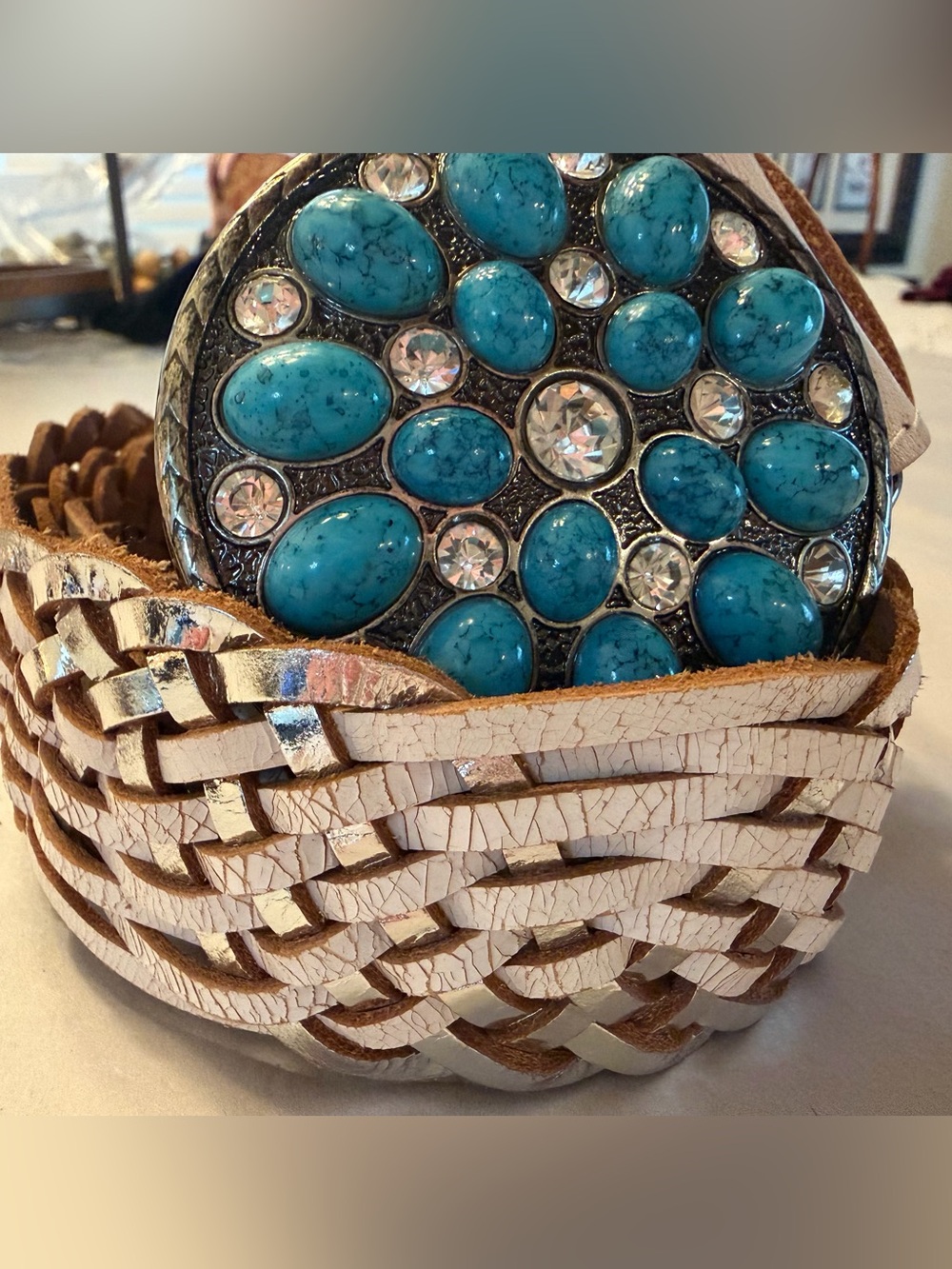 Vintage Miss Me Braided Leather Belt Turquoise Stone Buckle Western Y2K Large